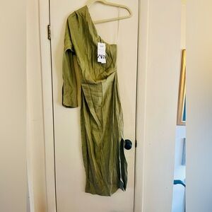 NWT Zara One Shoulder Linen Pencil sexy beach island midi dress S